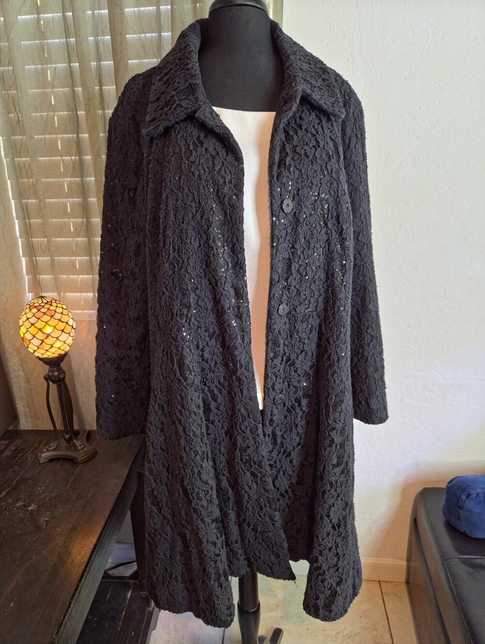 Vintage Roaman's Black Lace Sequin Longline Jacket #0346